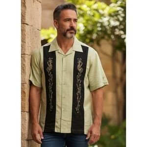 Cubavera Mens L Pistachio Green Black Panel Embroidered Short Sleeve Shirt SZ M